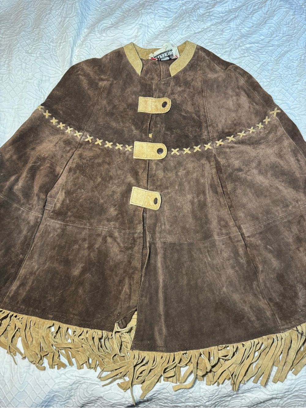 Vintage Cape-Poncho Express Brown Suede Leather Fringe Western Cape Poncho